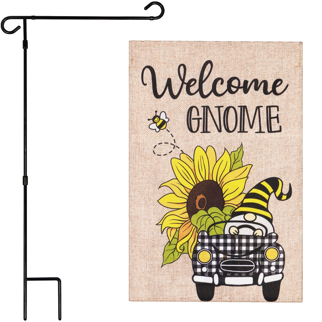 G128 Combo Pack: Garden Flag Stand Black 36 in x 16 in & Garden Flag Spring Decoration Welcome Gnome Sunflower Car 12"x18" Double-Sided Burlap Fabric